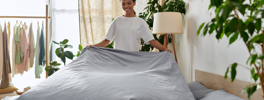 Young african american making a bed stock photo
