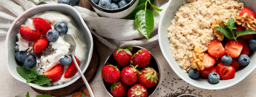 Healthy breakfast overhead view stock photo