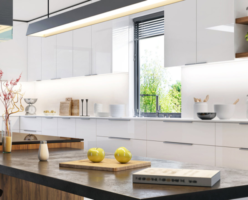 Luxurious interior of modern white kitchen stock photo